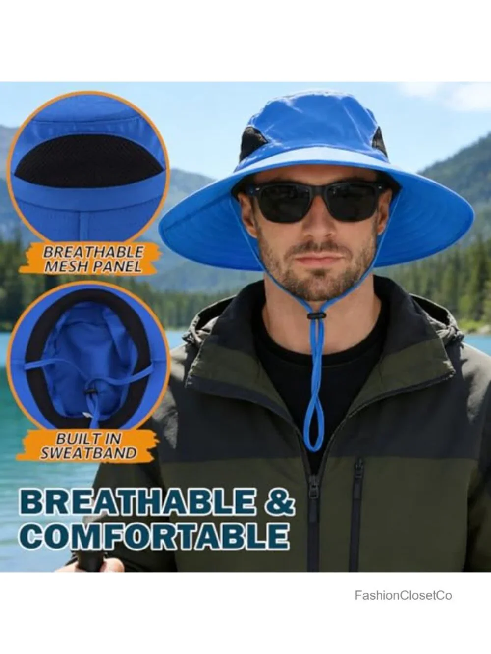Wide Brim Sun Bucket Hat UPF 50+ Waterproof Adjustable Chin Strap Unisex